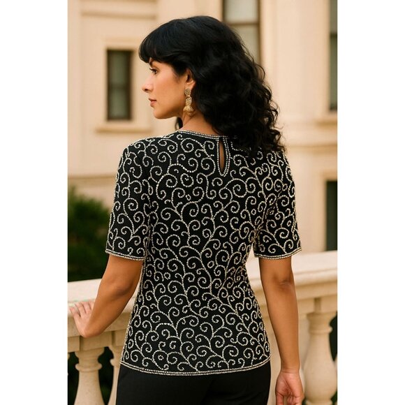 Lawrence Kazar 2X Black Silk Beaded Top Pearl Swirl Vintage Glam Holiday Party - Picture 5 of 11